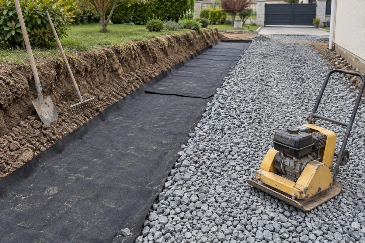 Décaissement d&rsquo;une allée avec géotextile déroulé et grave concassée compactée à la plaque vibrante