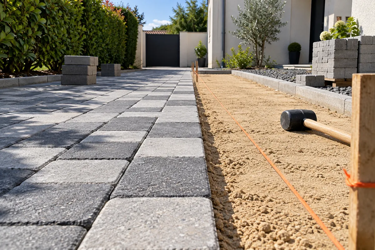 Pose de pavés autobloquants sur lit de sable le long d&rsquo;un cordeau tendu dans une allée de maison