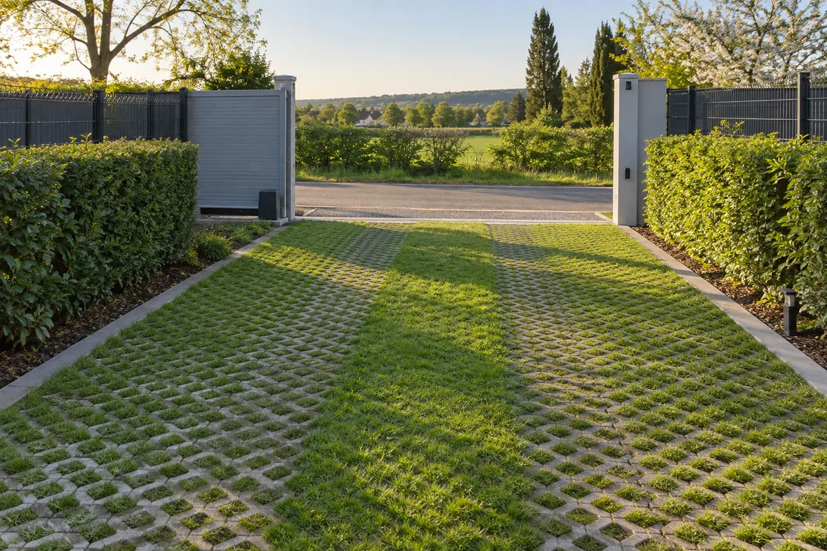 Allée carrossable en dalles alvéolaires engazonnées menant à un portail coulissant ouvert