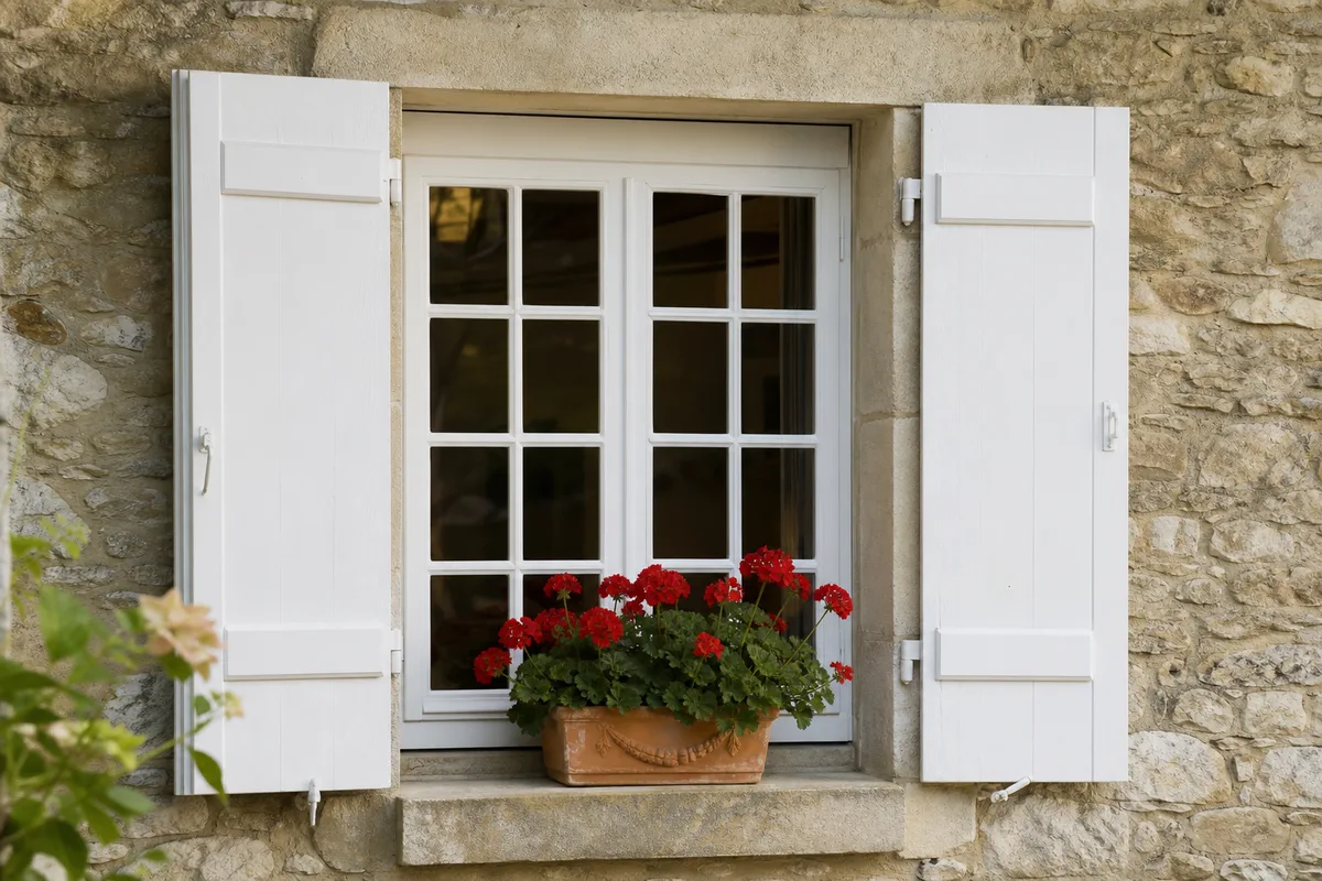 Fenêtre à petits carreaux rénovée dans une façade en pierre de maison ancienne