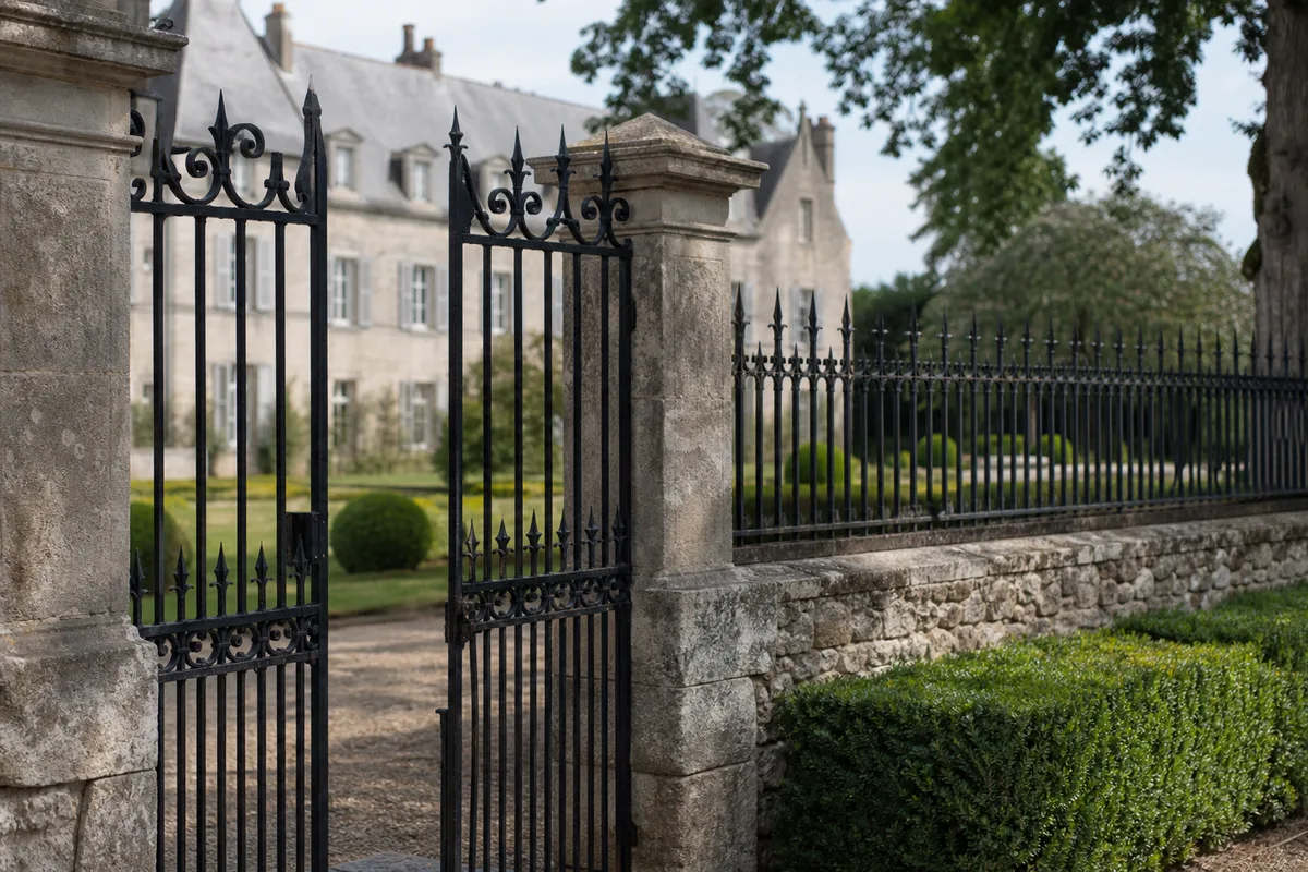 Muret en pierre surmonté d’une grille en fer forgé devant une maison ancienne