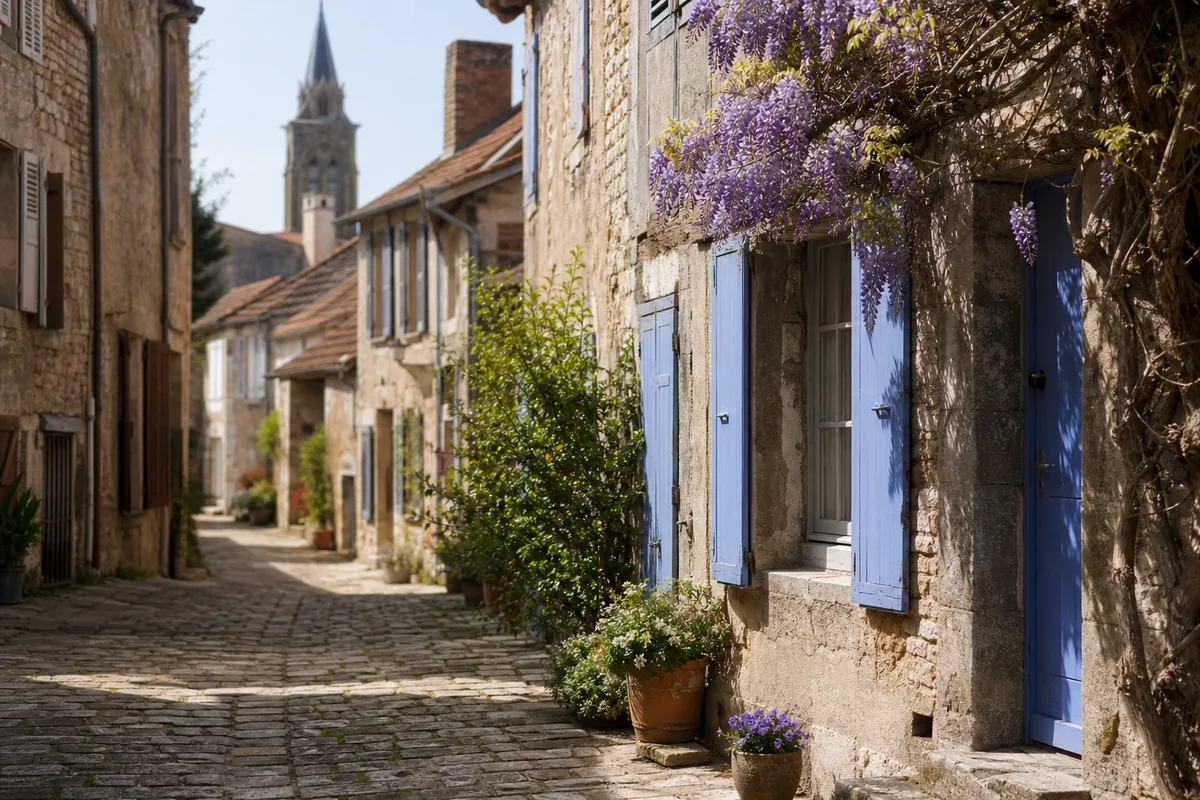 Ruelle de village français avec maisons anciennes en pierre et clocher en arrière-plan