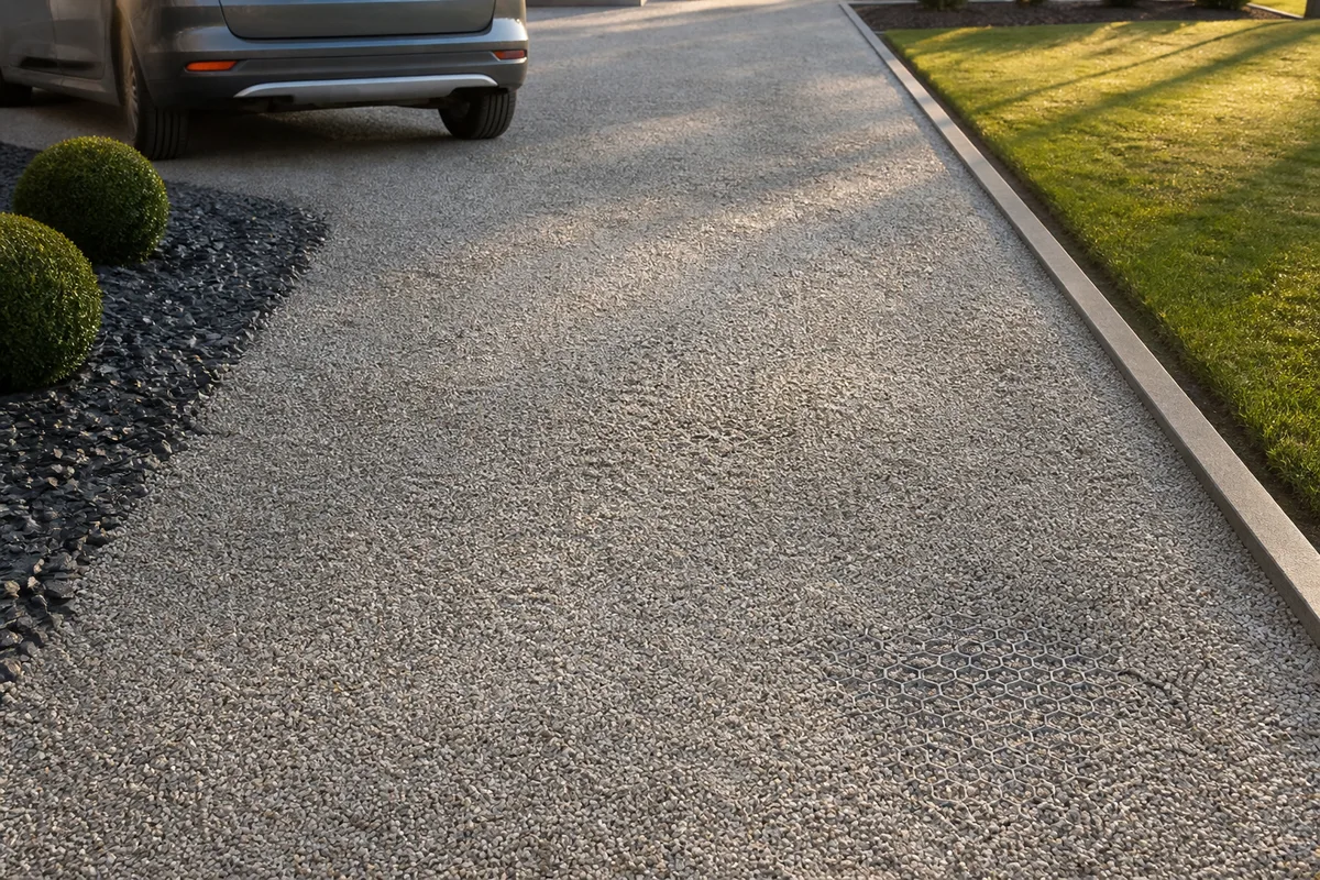 Cour en gravier stabilisé avec bordure acier corten et massif de graminées