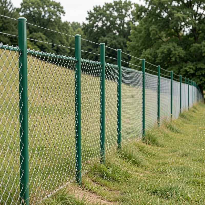 Grillage souple épousant l inclinaison d un terrain en pente entre des poteaux verticaux