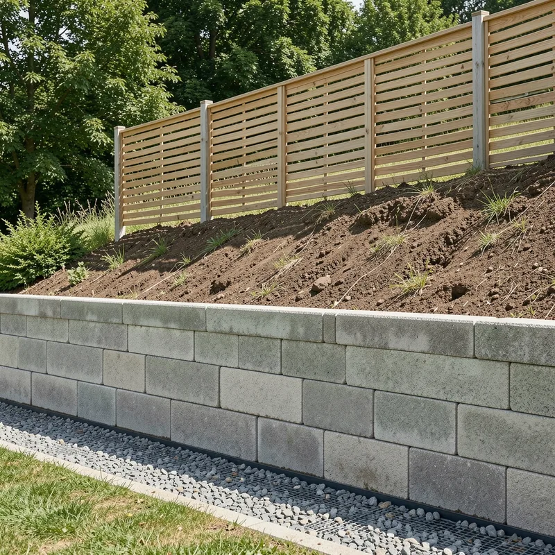 Muret de rattrapage en blocs béton supportant une clôture sur un terrain fortement incliné