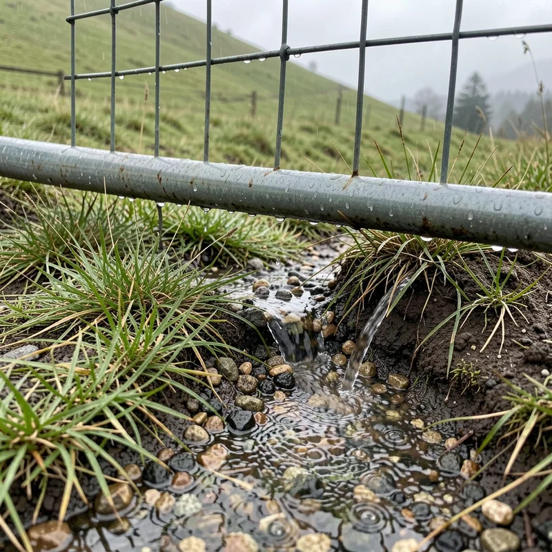 Eau de pluie s écoulant librement sous le bas d une clôture posée en travers d une pente