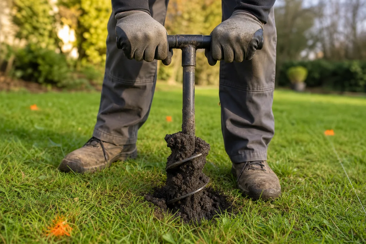 Mains actionnant une tarière manuelle pour creuser un trou de poteau dans une pelouse