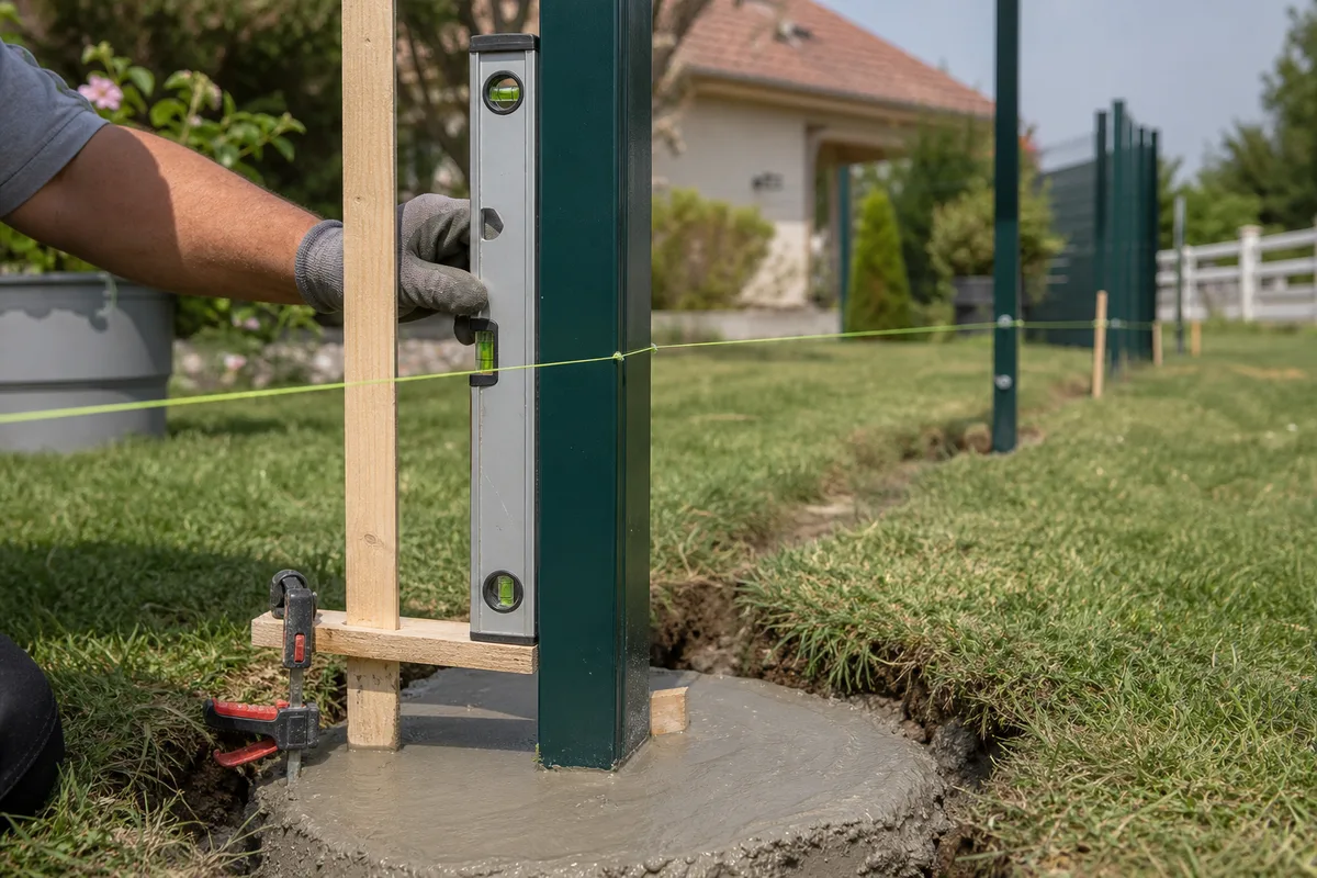 Poteau de clôture maintenu d’aplomb dans un scellement béton frais le long d’un cordeau