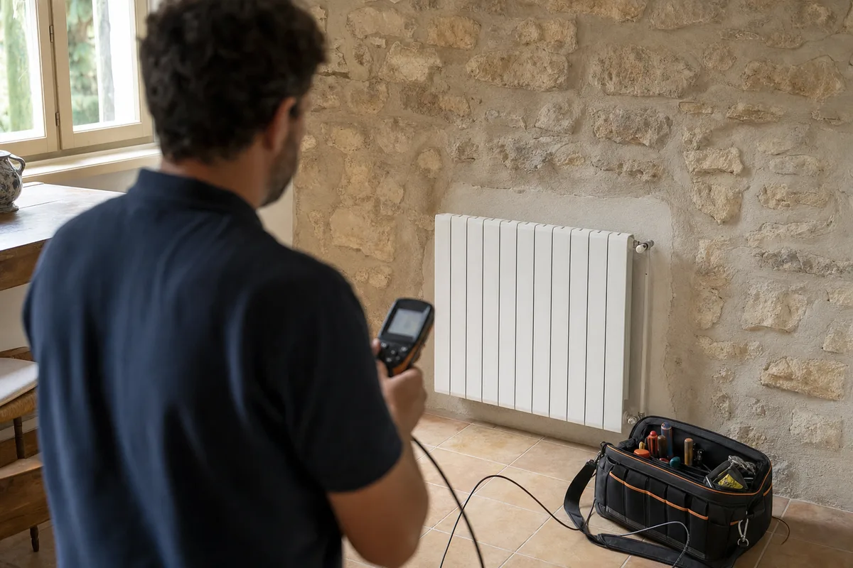 Diagnostiqueur immobilier contrôlant la performance énergétique d&rsquo;une maison ancienne