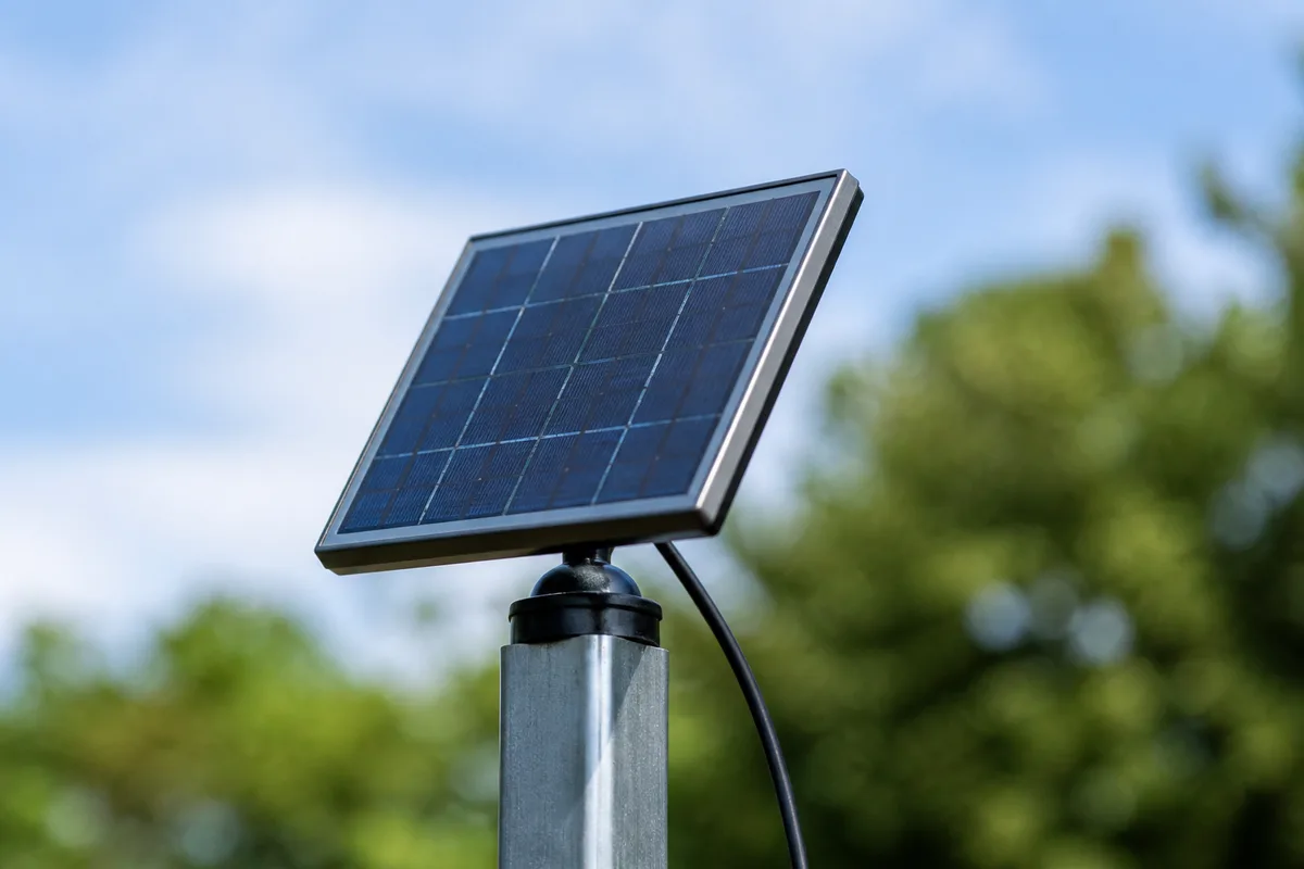 Panneau photovoltaïque compact d&rsquo;une lampe de jardin orienté plein sud sur un poteau