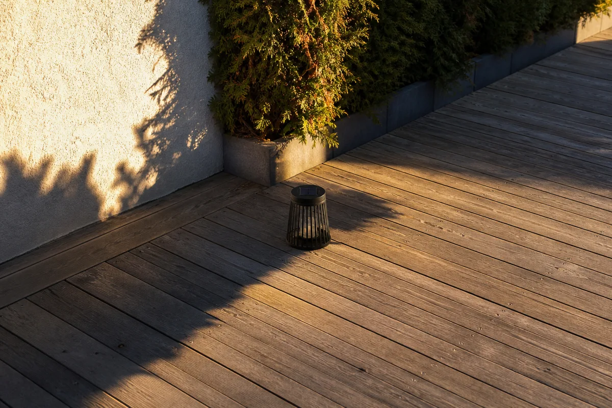 Relevé d&rsquo;ombre portée sur une terrasse en bois avec haie et mur de clôture