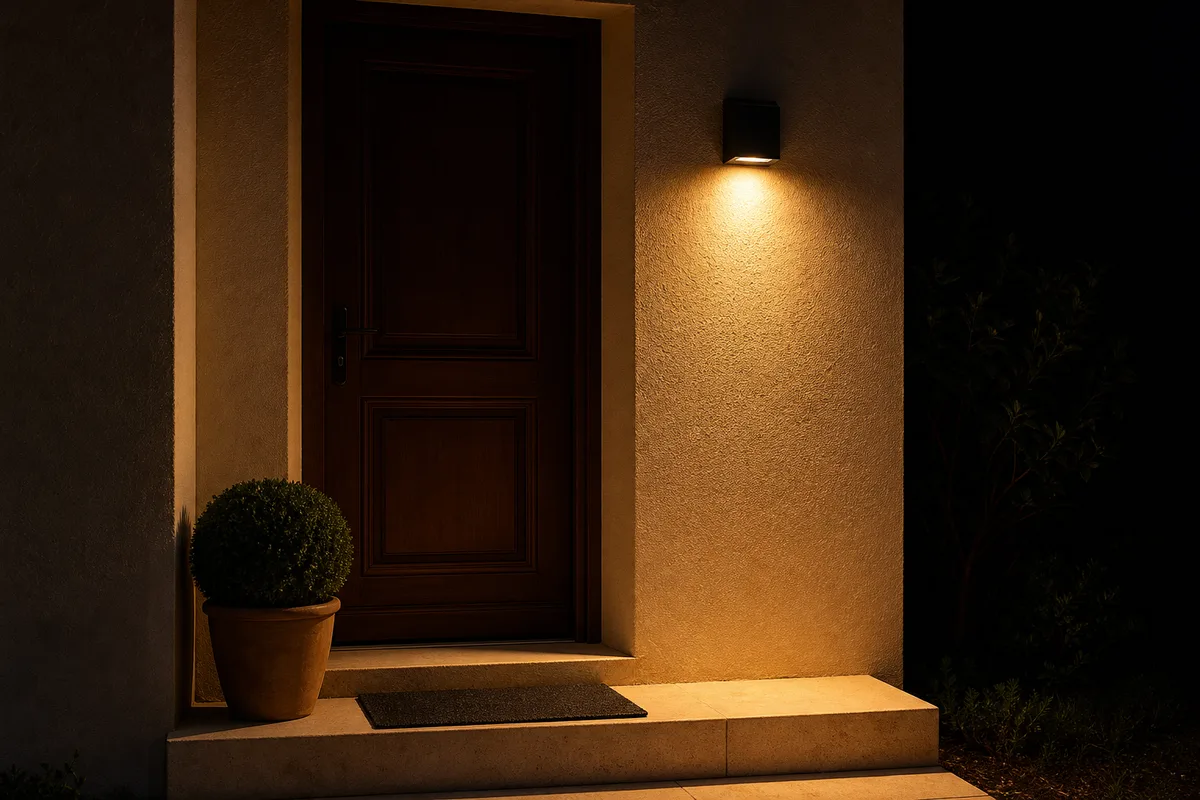 Applique solaire ambrée éclairant la marche d&rsquo;une entrée de maison de nuit