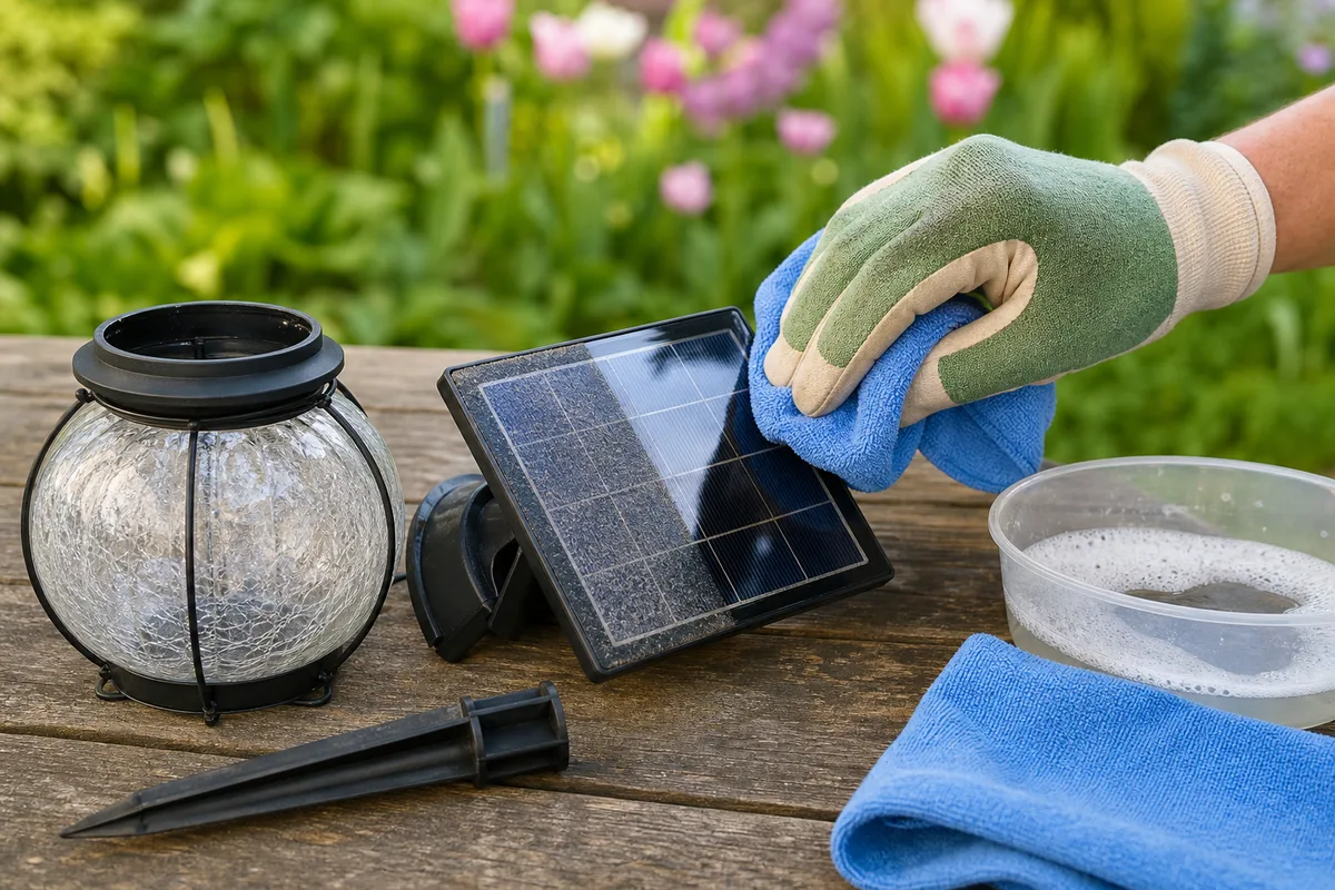 Nettoyage du panneau d&rsquo;une lampe solaire de jardin au chiffon, panneau encrassé