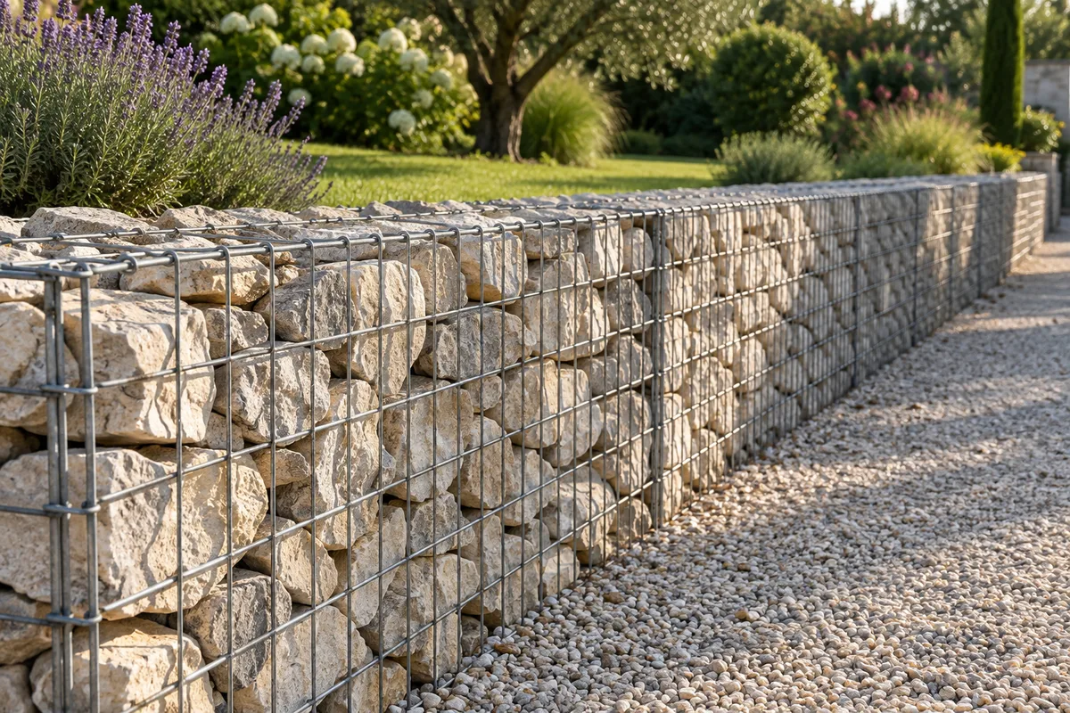Mur en gabion rempli de pierres calcaires claires bordant une allée de jardin, lumière rasante du matin