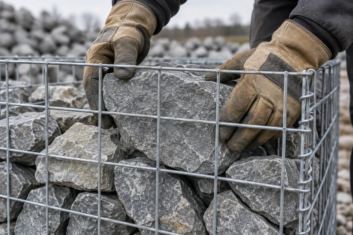 Cage de gabion en cours de remplissage, mains gantées posant des pierres grises contre la face avant