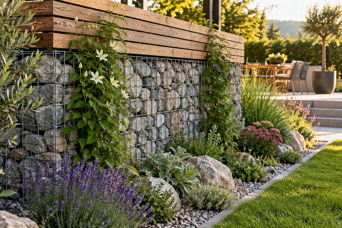 Mur bas en gabion surmonté de lames de bois, plantes grimpantes et vivaces installées à son pied