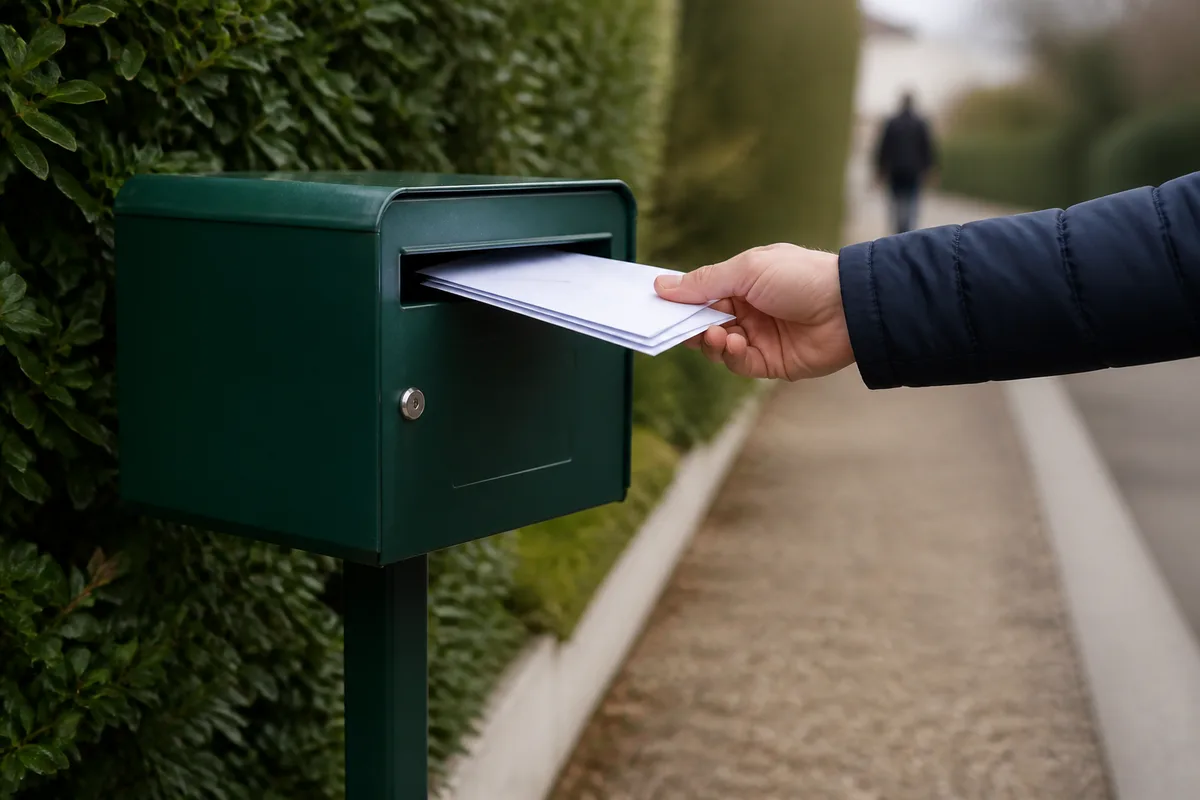 Facteur en tournée déposant du courrier dans une boîte aux lettres extérieure sur pied, lumière naturelle de matinée