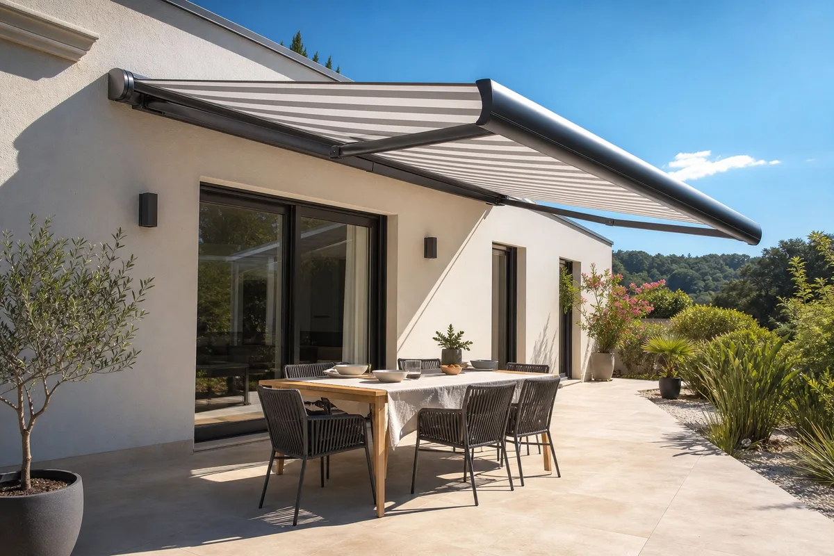 Store banne déployé au-dessus d&rsquo;une terrasse en façade de maison