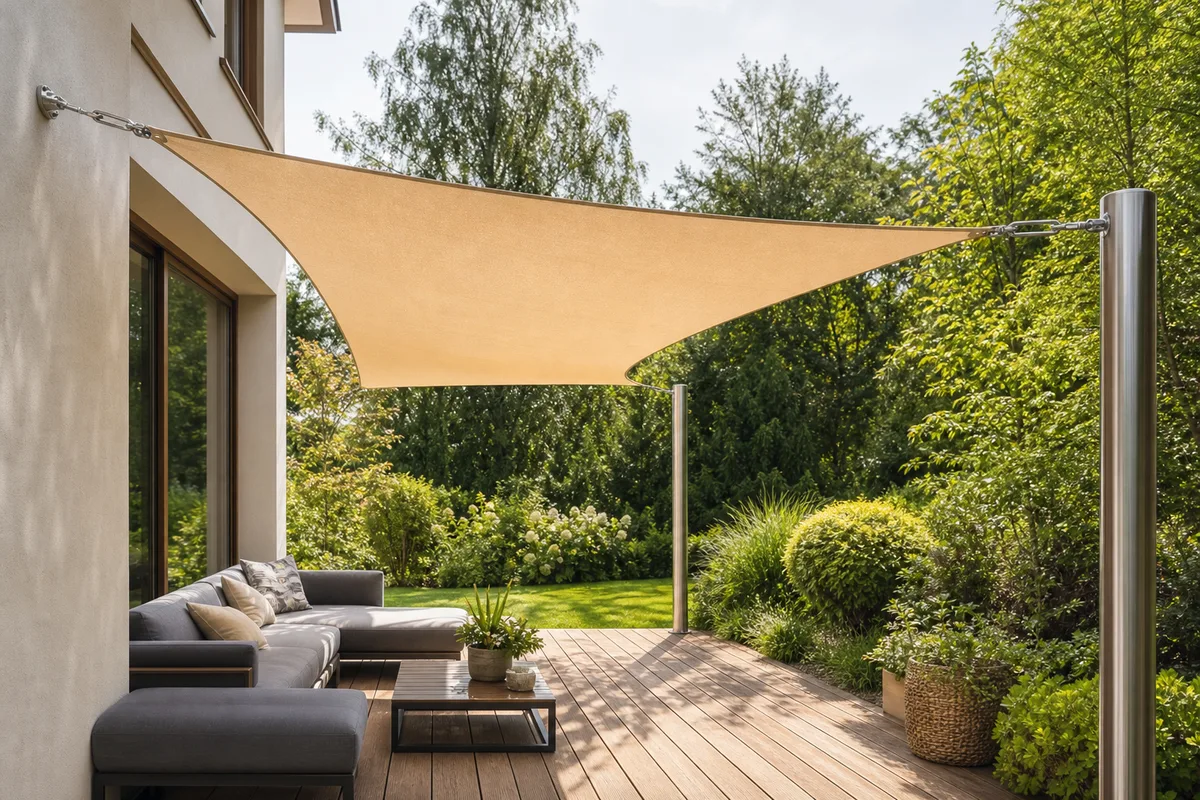 Voile d&rsquo;ombrage triangulaire tendue au-dessus d&rsquo;une terrasse de jardin