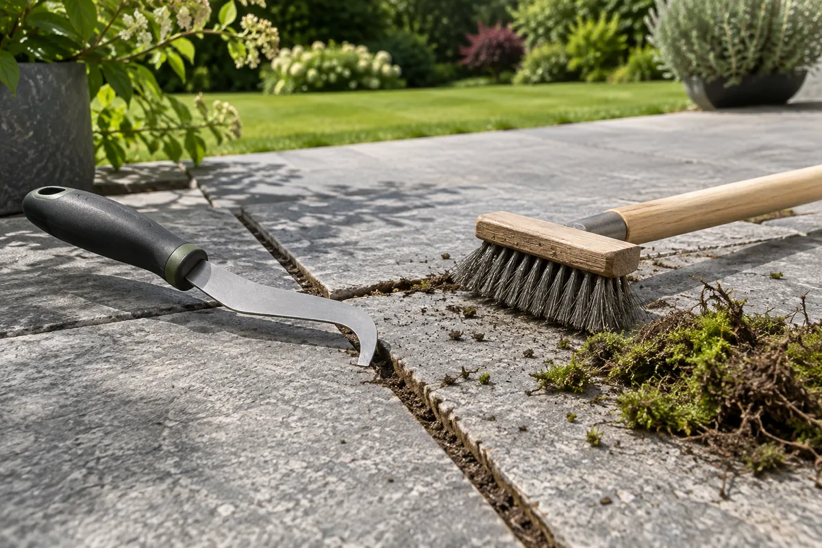 Grattoir à joints et brosse emmanchée posés sur une terrasse en dalles dont les joints viennent d&rsquo;être nettoyés