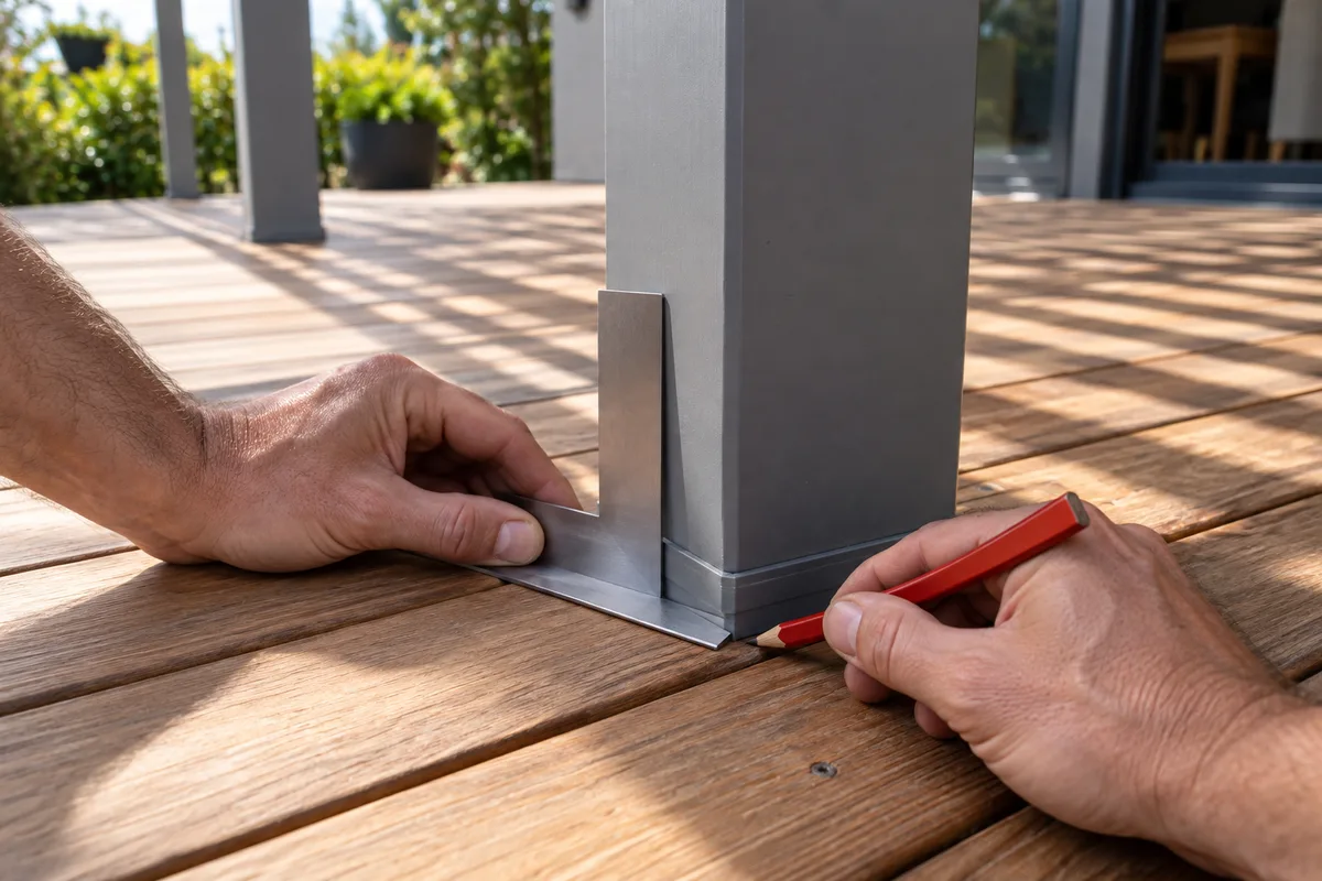 Équerre de menuisier et crayon posés au pied d’un poteau de pergola sur une terrasse en bois