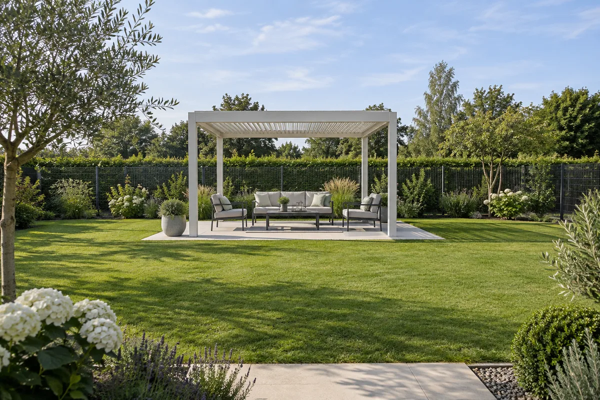 Pergola autoportante à quatre poteaux installée au fond d’un jardin clos, à distance de la maison