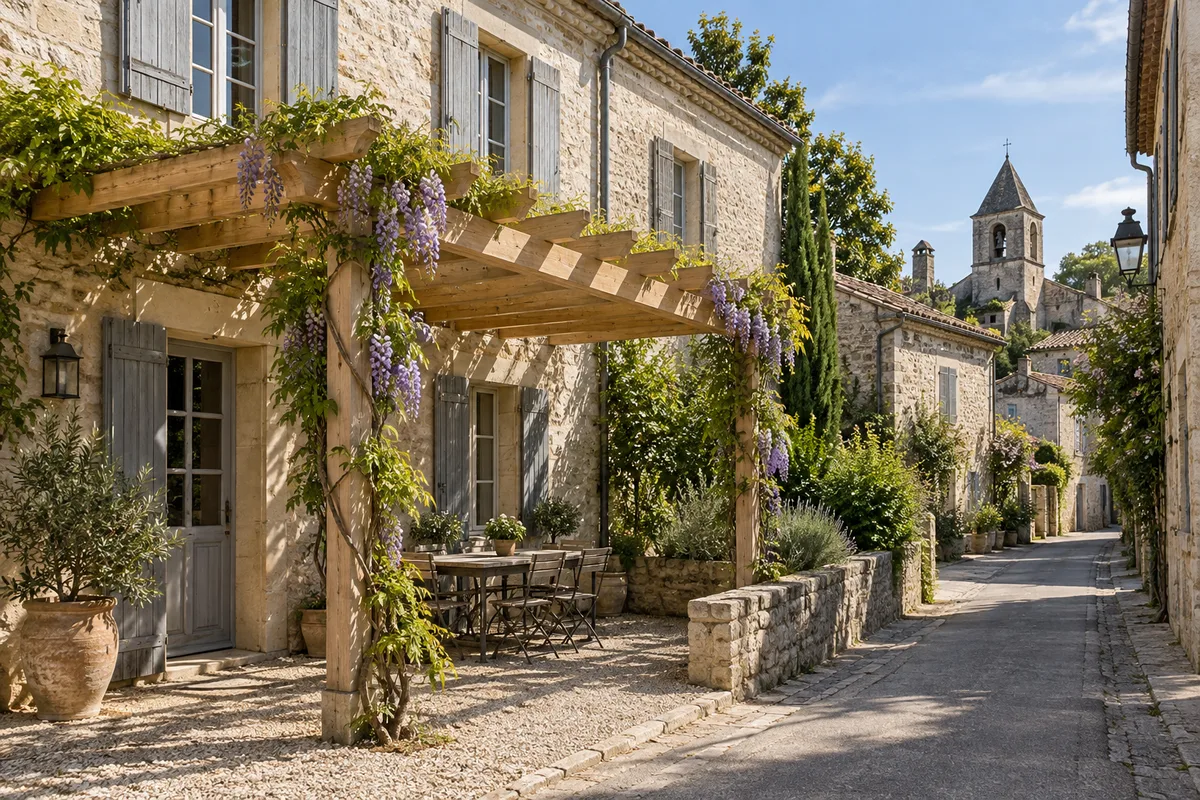 Pergola en bois adossée à une maison en pierre dans une rue de centre ancien, vue depuis le trottoir
