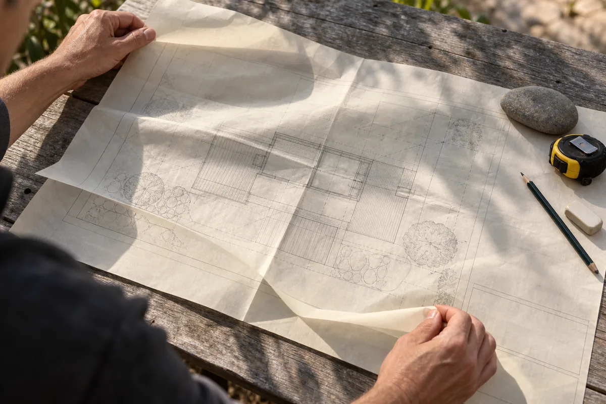 Mains d’un particulier dépliant un plan technique sur une table de jardin en bois, à côté d’un mètre ruban et d’un crayon