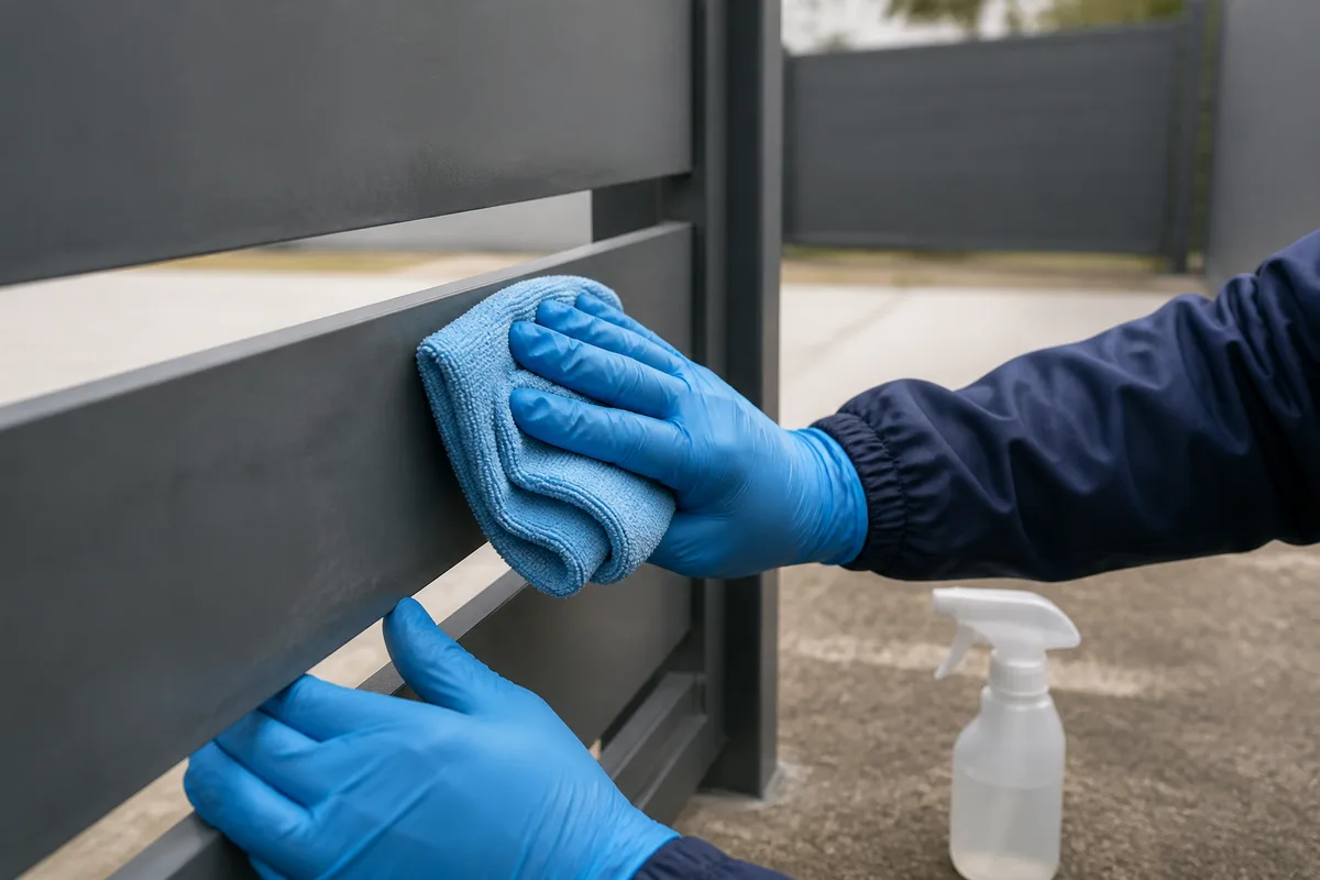 Mains gantées appliquant un produit d&rsquo;entretien sur une lame de portail en aluminium avec un chiffon microfibre