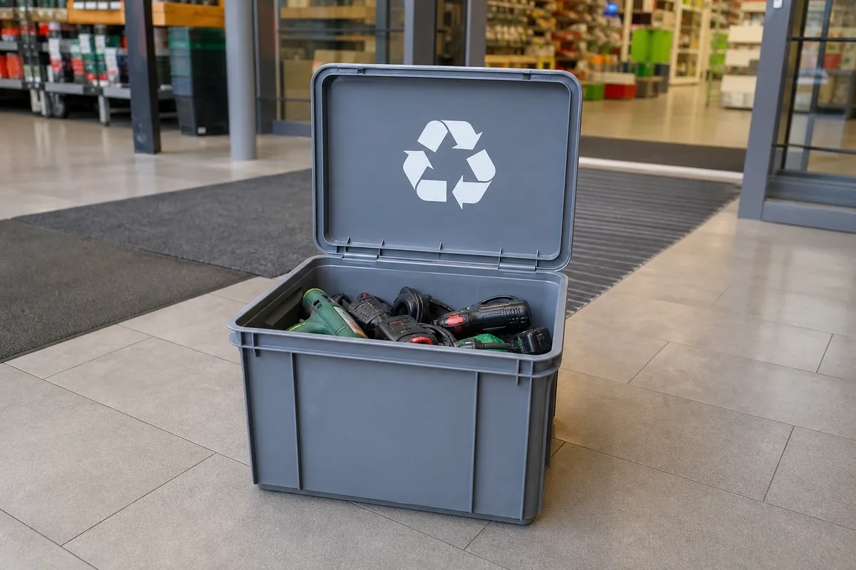 Point de collecte de déchets électriques et articles de bricolage-jardin à l&rsquo;entrée d&rsquo;un magasin